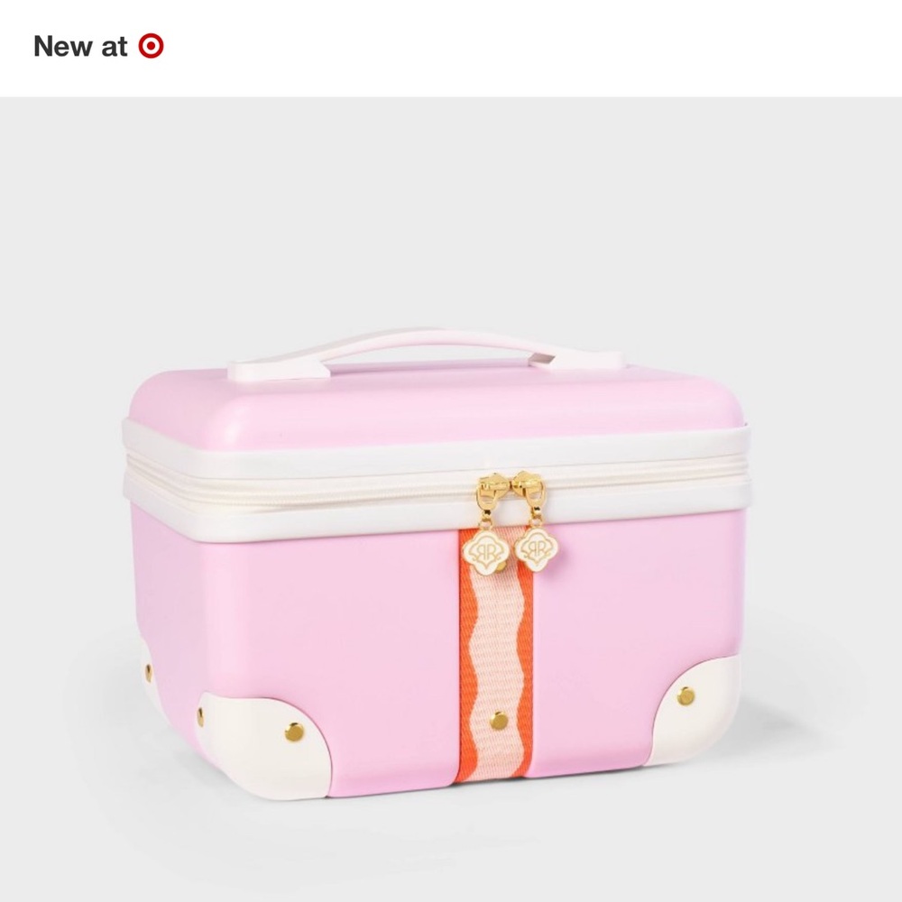 Roller Rabbit Pink Kids Vanity Case with White Trim and Orange Ribbon
